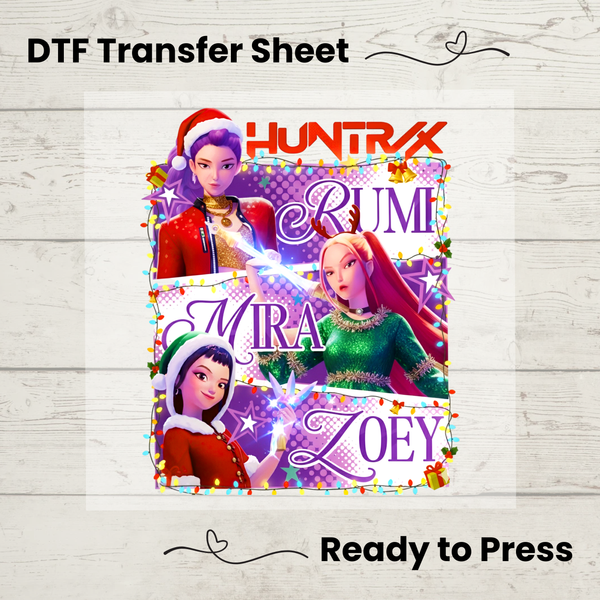DTF transfer sheet with cartoon characters and names on a wooden background