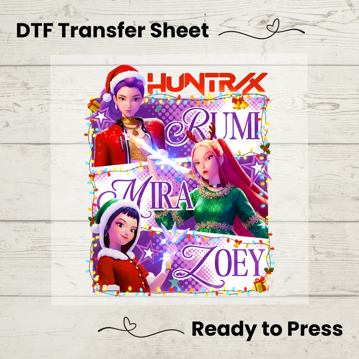 DTF transfer sheet with cartoon characters and names on a wooden background