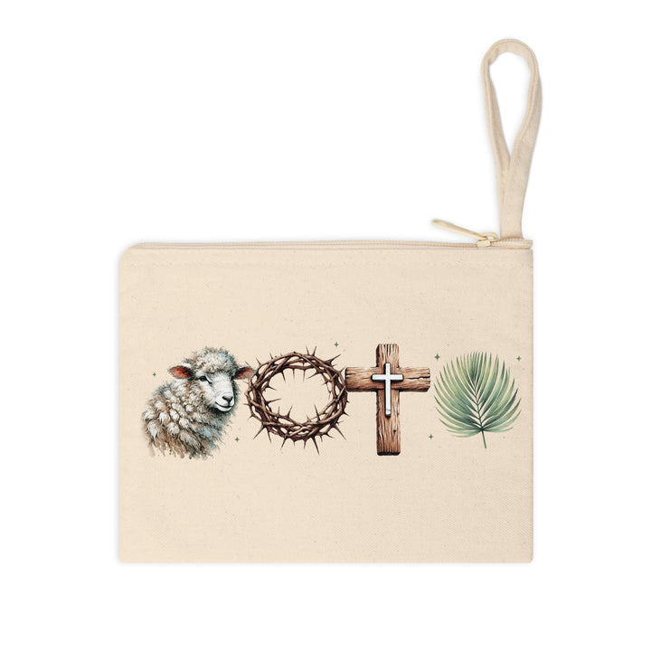 Faith-inspired DTF transfer featuring Easter symbols: lamb, crown of thorns, cross, and palm leaf.