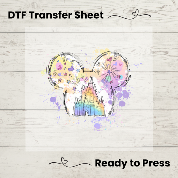 High-quality direct-to-film (DTF) transfer featuring a pastel watercolor castle, perfect for heat pressing onto shirts, hoodies, and tote bags.