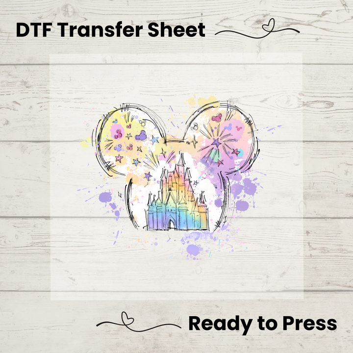 High-quality direct-to-film (DTF) transfer featuring a pastel watercolor castle, perfect for heat pressing onto shirts, hoodies, and tote bags.