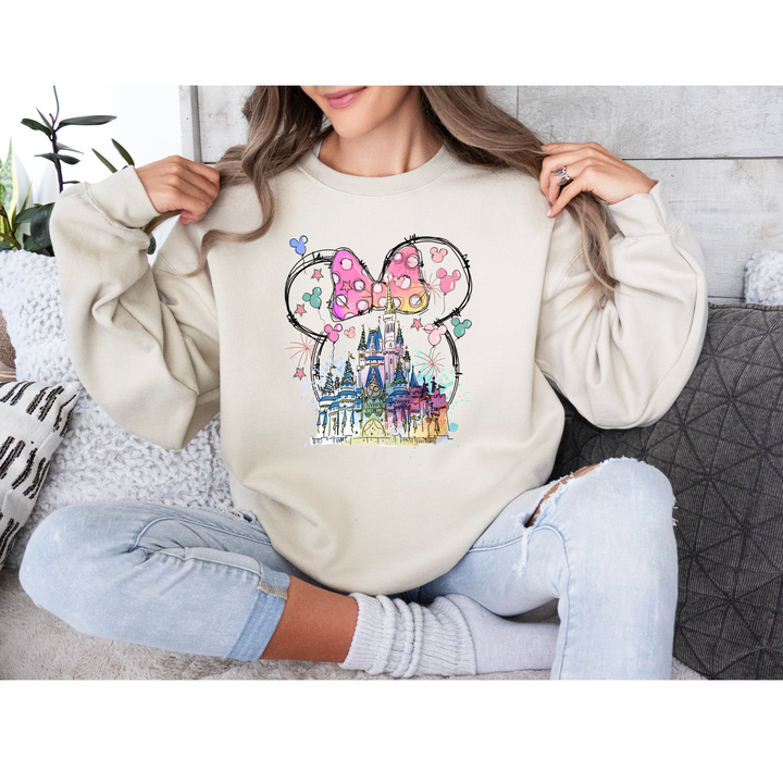 Disney-inspired Minnie ears DTF transfer with a whimsical castle and bow, ideal for DIY shirts and hoodies.