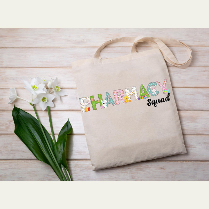 Easter-themed pharmacy heat transfer with colorful pastel tones, perfect for DIY scrubs and t-shirts.