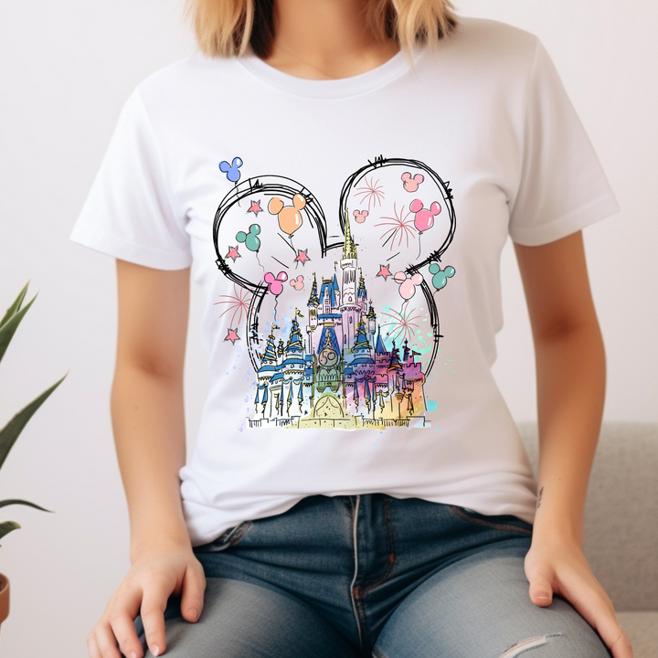 Mickey ears and castle DTF transfer, perfect for custom gift shops or vacation bags.