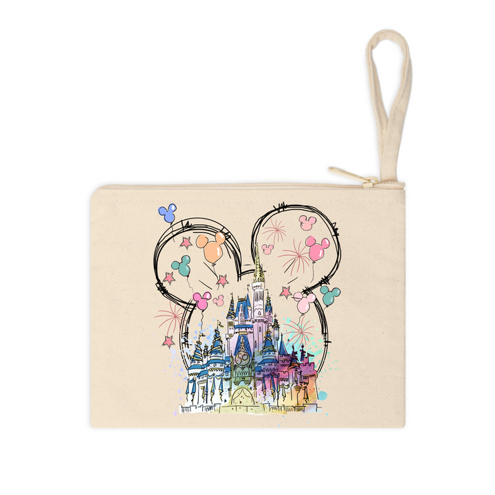 makeup bag mockup featuring colorful pastel Mickey ears castle DTF design, great for theme park trips or birthdays.