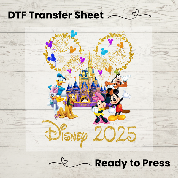 Disney Trip 2025 DTF Transfer – Ready-to-press Mickey & Friends heat transfer with gold glitter castle and fireworks.