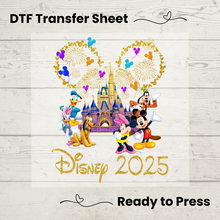 Disney Trip 2025 DTF Transfer – Ready-to-press Mickey & Friends heat transfer with gold glitter castle and fireworks.