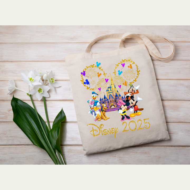 Disney Trip 2025 DTF Transfer – Ready-to-press Mickey & Friends heat transfer with gold glitter castle and fireworks.