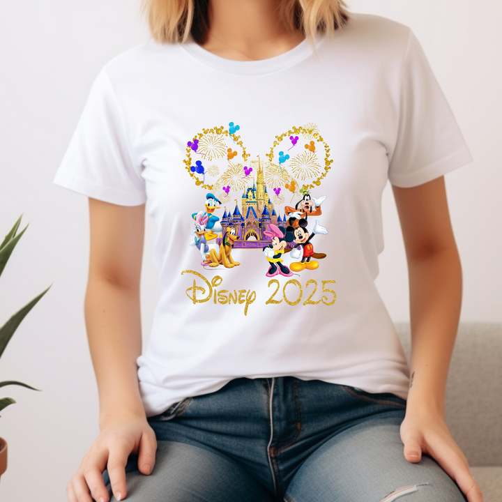 Disney Trip 2025 DTF Transfer – Ready-to-press Mickey & Friends heat transfer with gold glitter castle and fireworks.