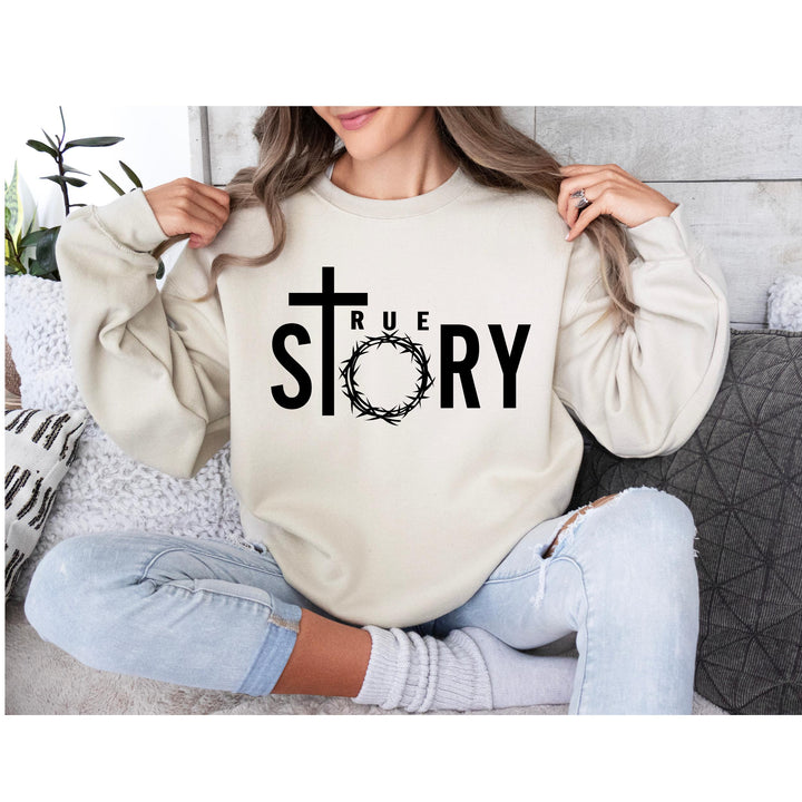 Easter-themed DTF transfer with 'True Story' typography, a black cross, and a crown of thorns, perfect for faith-based apparel.
