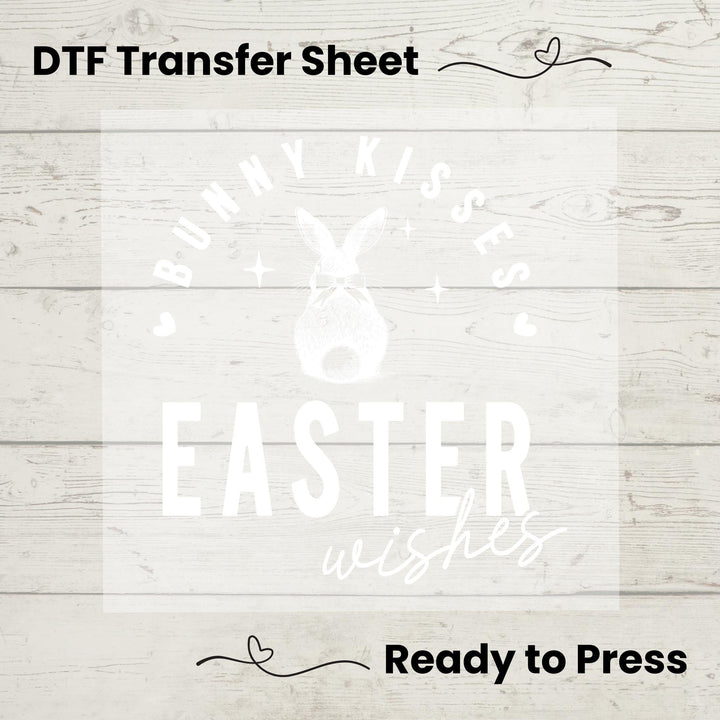 Farmhouse-inspired Easter heat transfer with an adorable bunny, hearts, and festive script, ideal for rustic décor.
