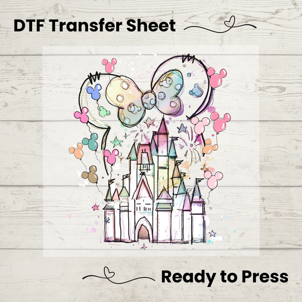 A whimsical DTF transfer sheet featuring a pastel castle, Minnie bow, and Mickey balloons, perfect for DIY heat press projects.