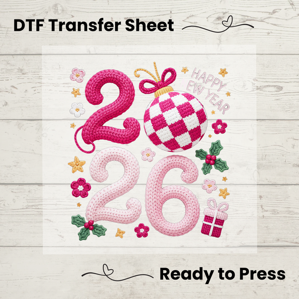 DTF transfer sheet with festive design on a wooden surface