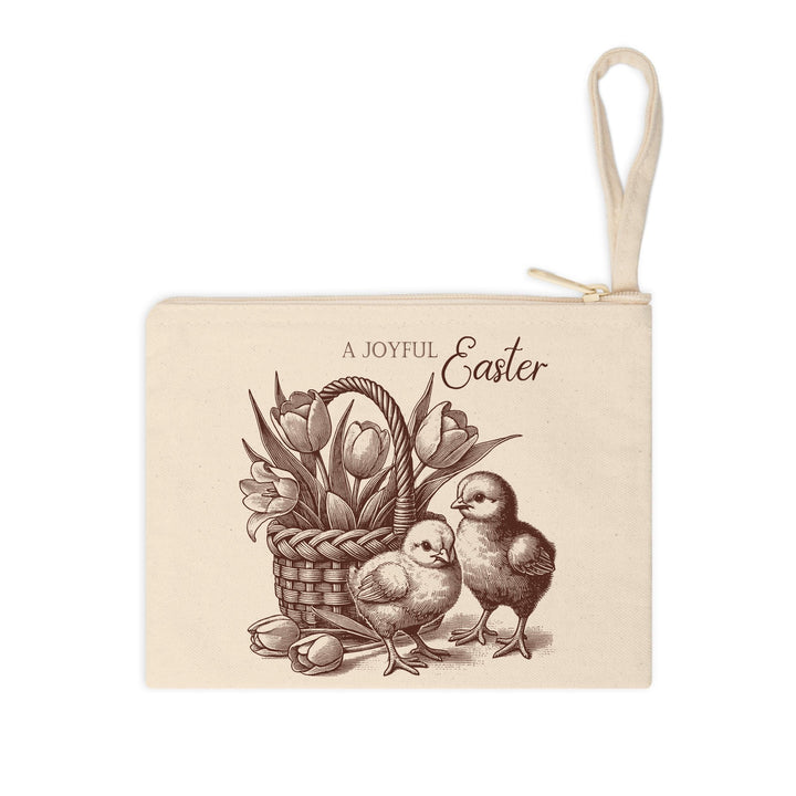 Vintage-themed Easter transfer with an antique sketch of baby chicks, a floral basket, and scripted lettering.