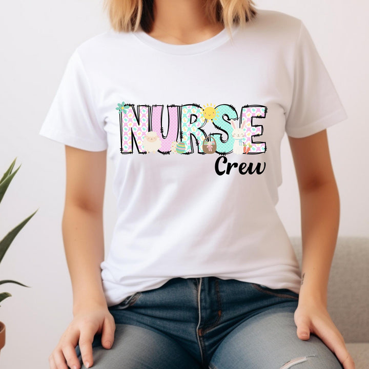 Spring-themed nurse crew heat transfer with Easter elements, ready to press for medical team matching shirts