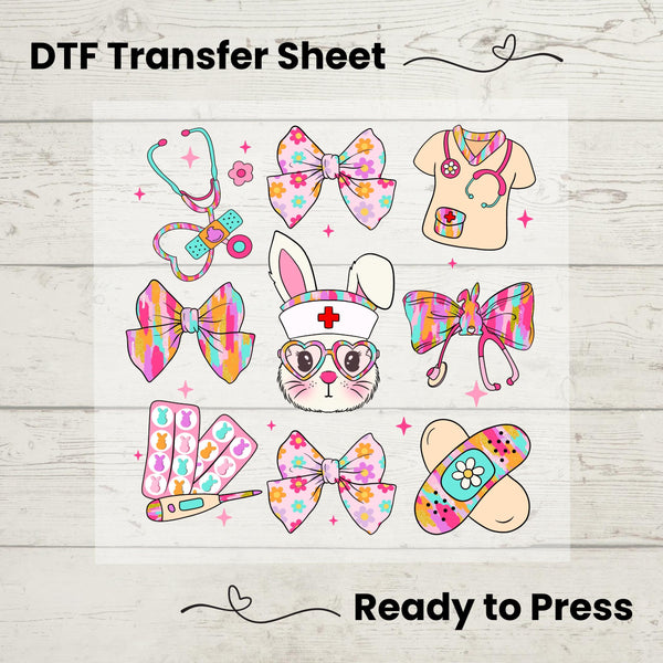 Nurse Easter Doodles DTF heat transfer featuring a cute nurse bunny, bows, stethoscope, and medical accessories, ready to press on t-shirts.