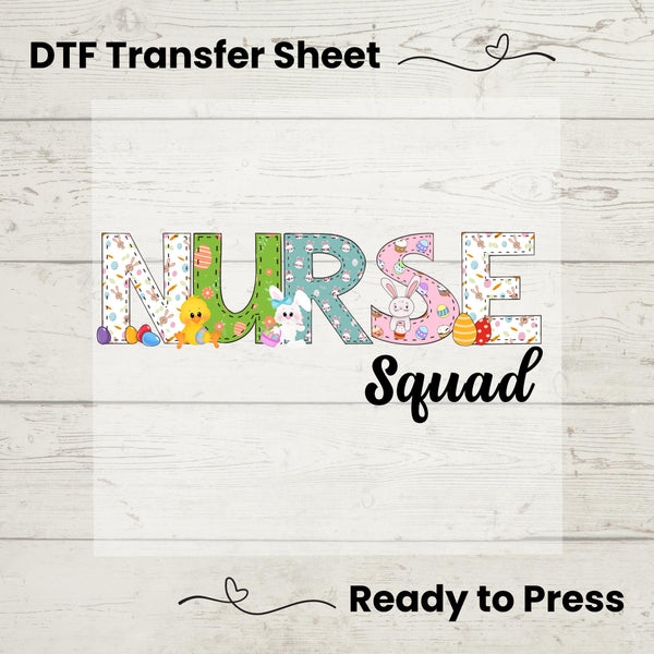 Nurse Easter Squad DTF heat transfer featuring pastel colors, bunnies, eggs, and spring designs, perfect for nurse teams.