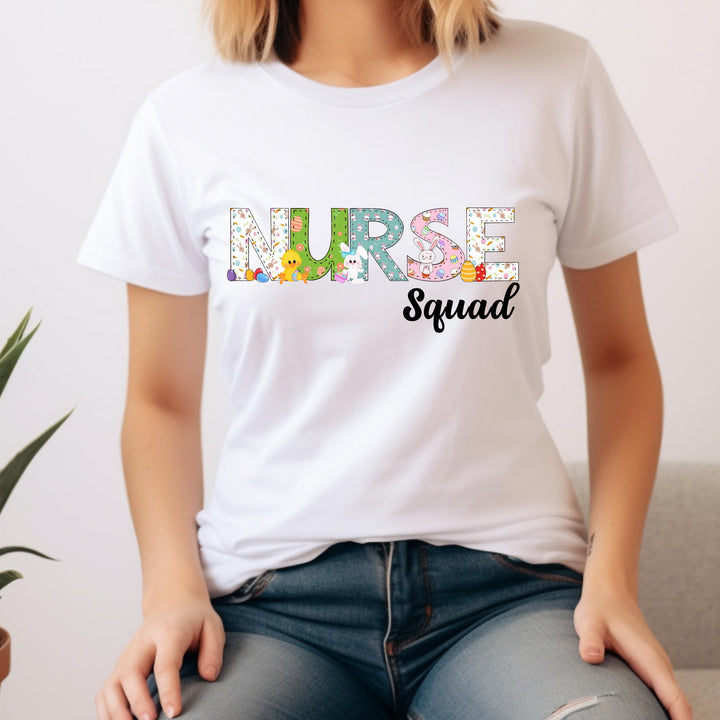 Nurse Easter Squad DTF heat transfer featuring pastel colors, bunnies, eggs, and spring designs, perfect for nurse teams.