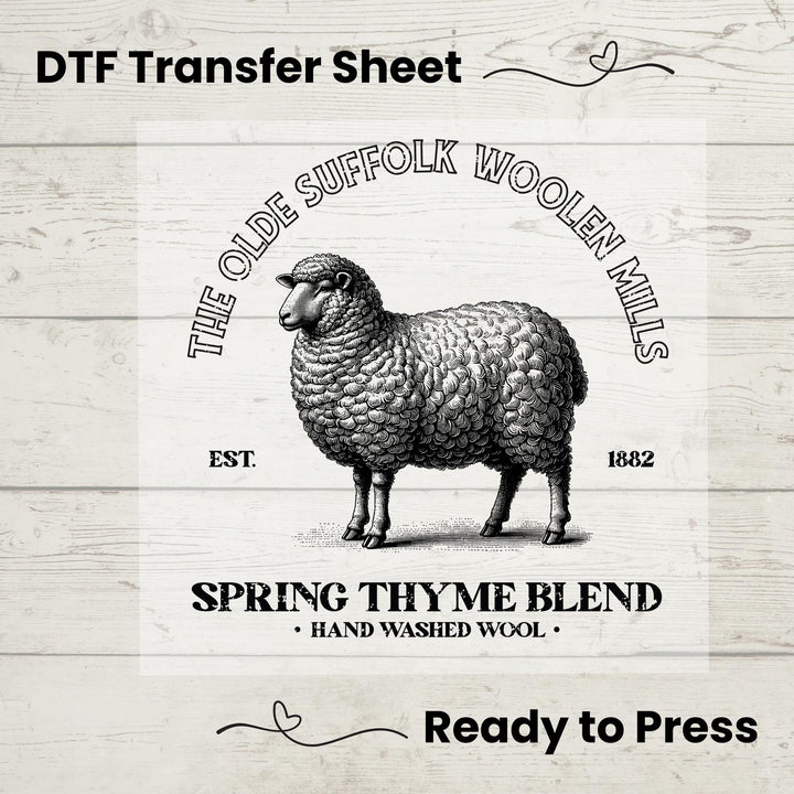 Classic vintage DTF transfer with a detailed sheep, "Spring Thyme Blend," and "Hand Washed Wool" for rustic designs.

