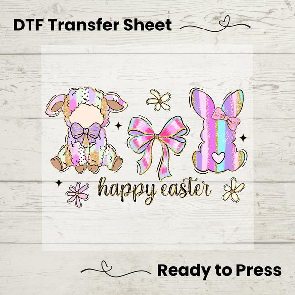 Pastel Easter Bunny & Lamb DTF heat transfer featuring soft pink bows, floral accents, and a cozy lamb, ready to press on t-shirts