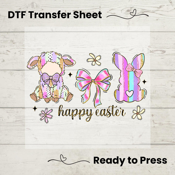 Pastel Easter Bunny & Lamb DTF heat transfer featuring soft pink bows, floral accents, and a cozy lamb, ready to press on t-shirts
