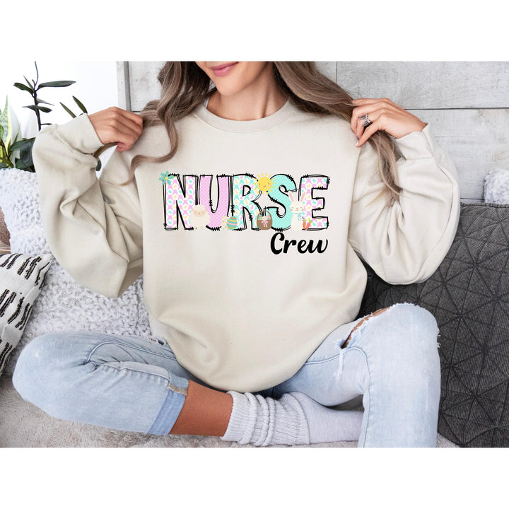 Cute pastel nurse Easter heat transfer for t-shirts, designed for healthcare professionals and medical workers.