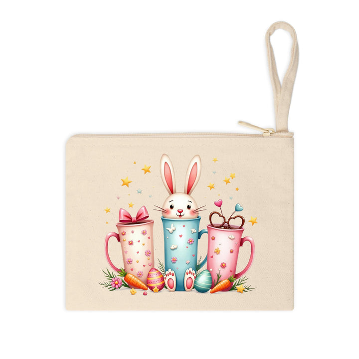 High-quality DTF transfer featuring a happy bunny inside coffee cups, decorated with eggs, carrots, and sparkling stars.