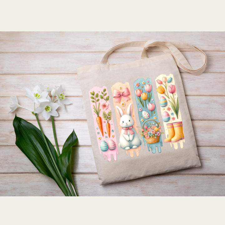 Ready-to-press spring transfer sheet with bunny, floral basket, carrots, Easter eggs, and bow illustrations.