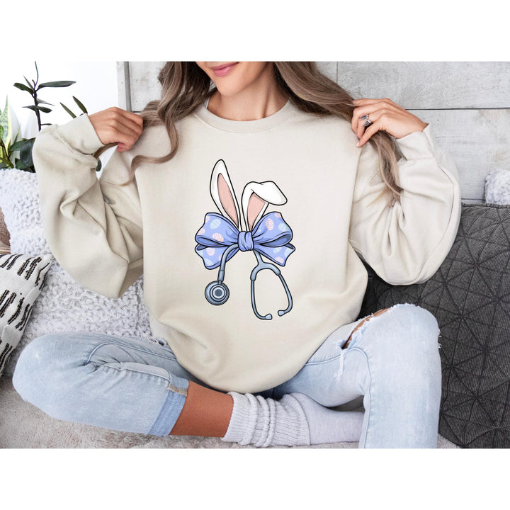 Cute nurse bunny print featuring pastel accents and an Easter bow, ideal for DIY medical apparel.