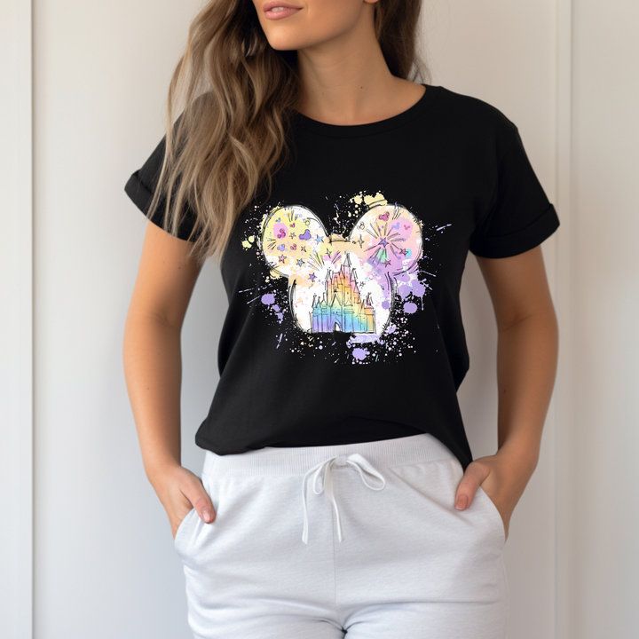 A finished t-shirt featuring the Magical Castle DTF design, showing a vibrant, professional-quality print.