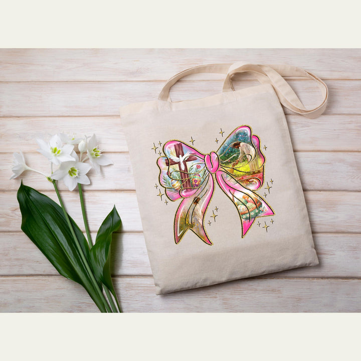 Easter Coquette Bow DTF heat transfer with a pink bow and Christian resurrection scene, ready to press on spring tees.