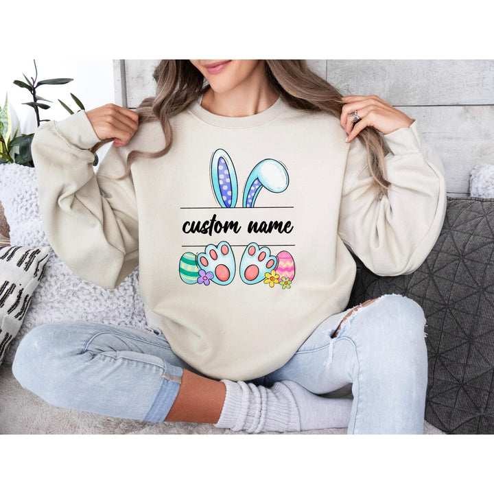Ready-to-press Easter DTF transfer featuring a customizable name space, bunny ears, and colorful accents.