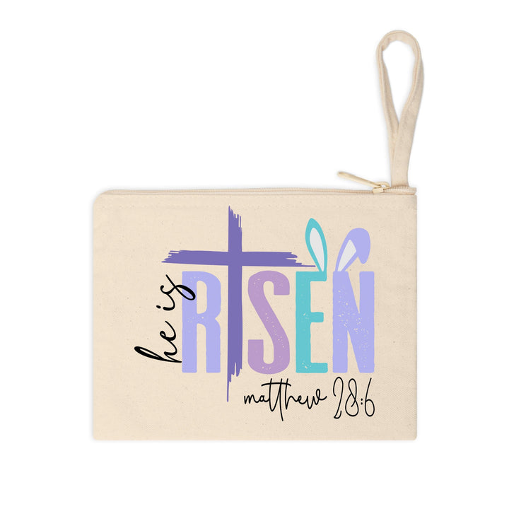 Christian heat transfer featuring a purple cross and He Is Risen design, perfect for Easter faith-based apparel.