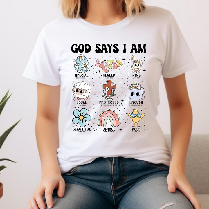 Ready-to-press Christian Easter DTF heat transfer with Bible verses, pastel flowers, bunnies, and uplifting messages.
