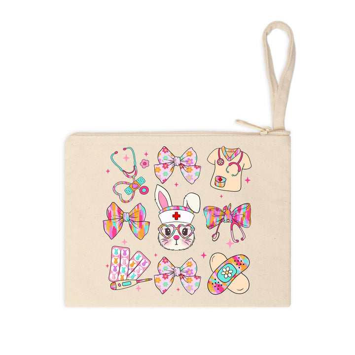 High-quality ready-to-press Easter nurse DTF transfer with adorable bunny, medical-themed accessories, and pastel color accents.