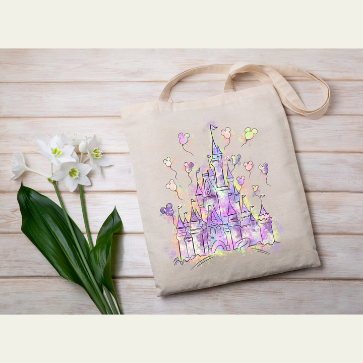 A direct-to-film transfer with a fairytale castle design, ideal for heat press application on apparel.