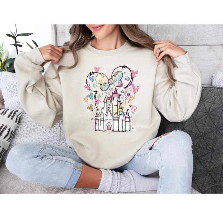 A Disney-inspired fairytale castle DTF print with a pink polka dot bow, stars, and balloons, perfect for t-shirts and tote bags.