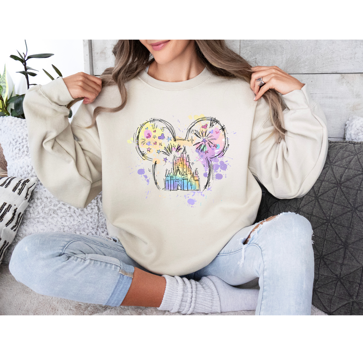 A beautifully detailed DTF print featuring a fairytale castle and fireworks, designed for t-shirts, hoodies, and tote bags.