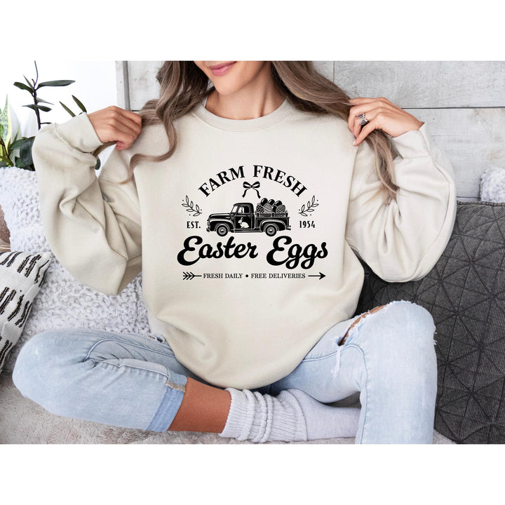 Black-and-white Easter truck print featuring classic farm elements, ready to press on rustic country apparel.
