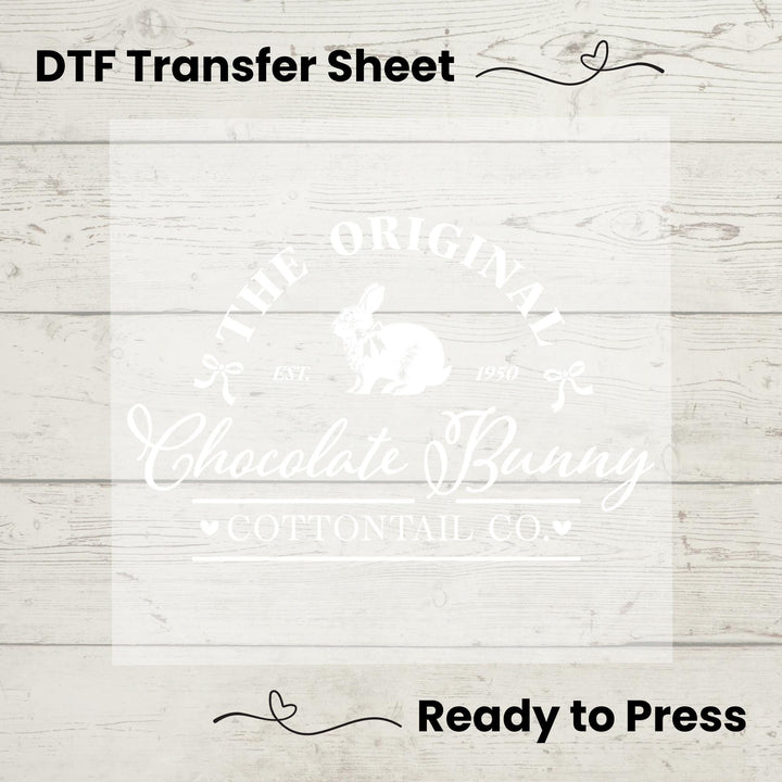 Farmhouse-inspired chocolate bunny heat transfer with a nostalgic logo design, ideal for rustic décor and DIY shirts.