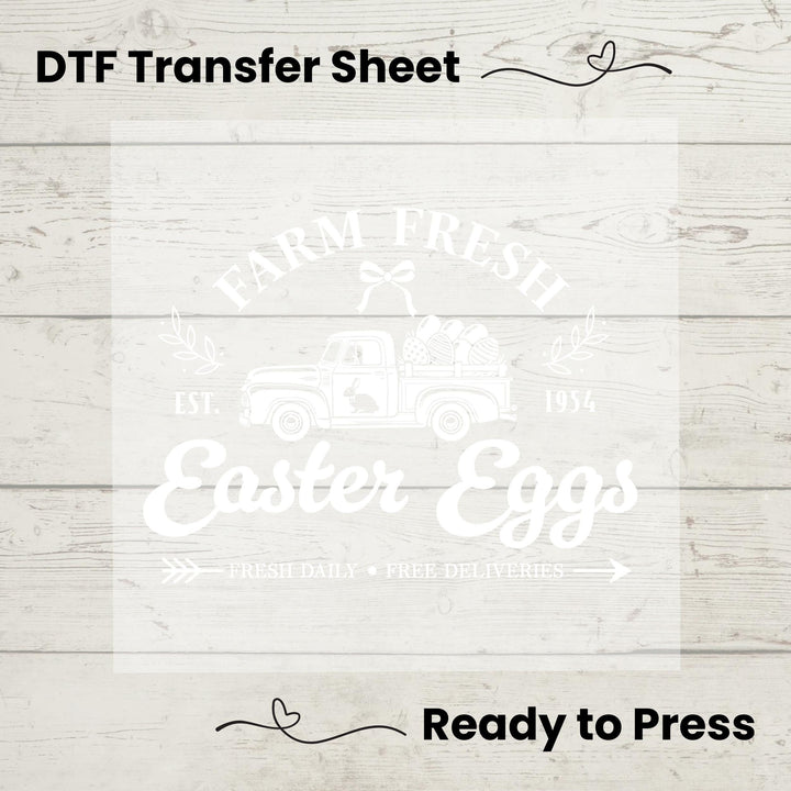 Farmhouse-inspired Easter heat transfer with a classic truck design, perfect for rustic apparel and home décor.