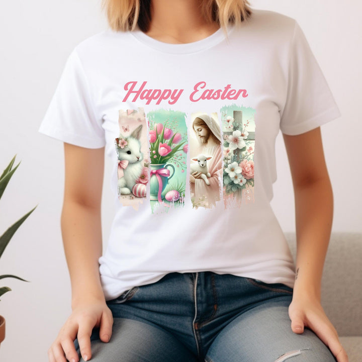 Christian-inspired Easter print with Jesus, a lamb, a bunny, and floral elements, great for religious apparel.