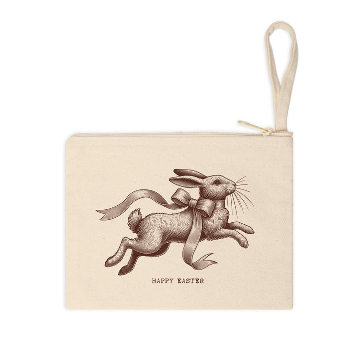 Rustic-themed Happy Easter bunny heat transfer with a vintage farmhouse feel, ready to press on apparel.