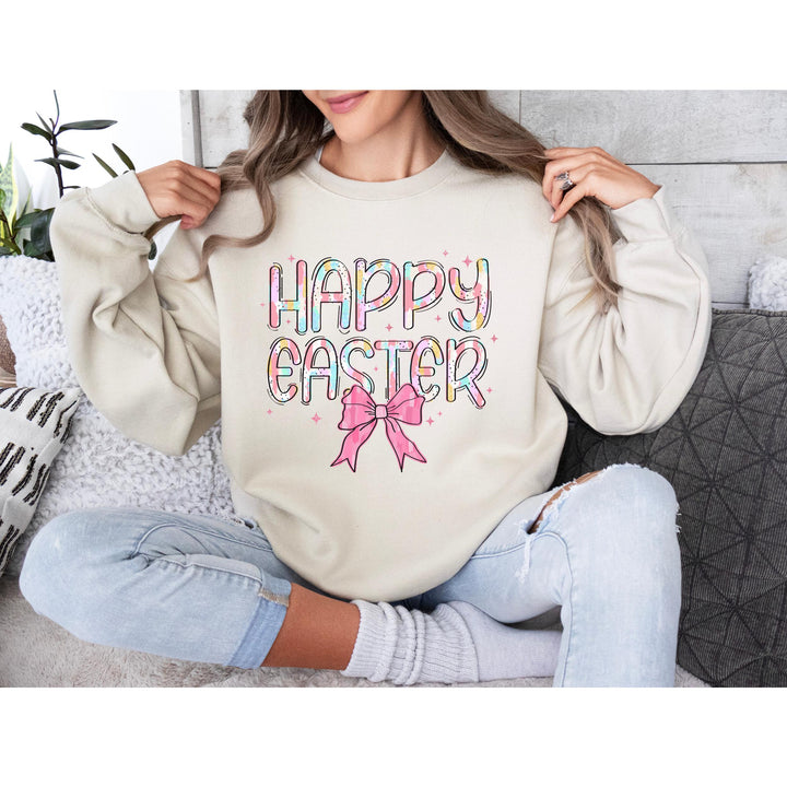 Colorful and festive brushstroke Easter print with soft tones, perfect for spring fashion.