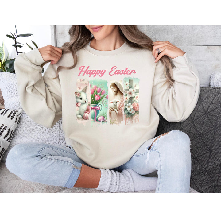 Beautiful soft pastel floral bunny print with tulips and Easter eggs, perfect for spring outfits.