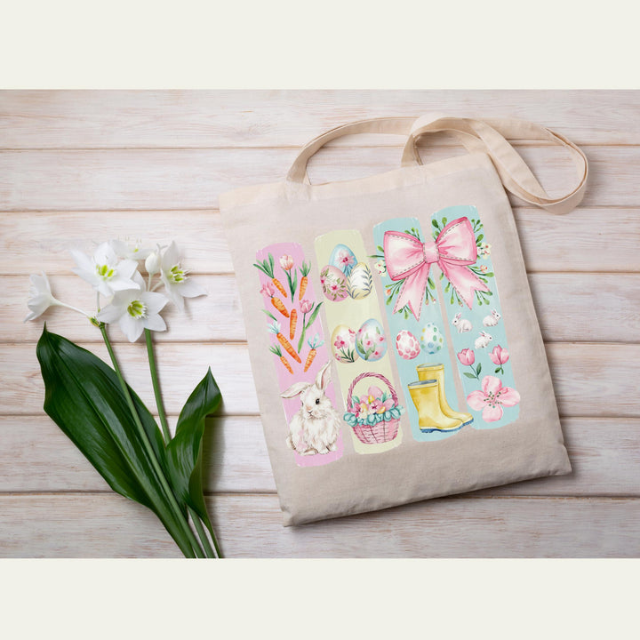 Soft pastel Easter heat transfer with a delicate pink bow, white bunny, and floral elements, ideal for spring t-shirts.