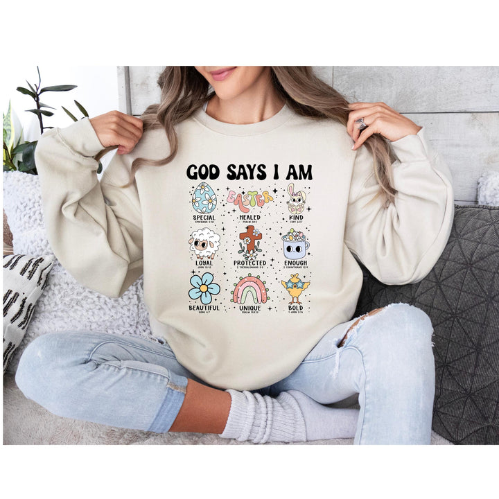 Spring pastel DTF transfer with biblical affirmations such as 'Healed,' 'Special,' and 'Kind,' designed for Christian fashion.