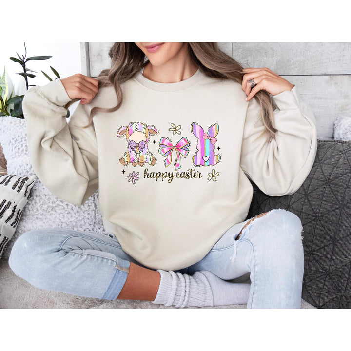 Spring-themed coquette-inspired Easter heat transfer featuring delicate bows, floral details, and an adorable pastel bunny