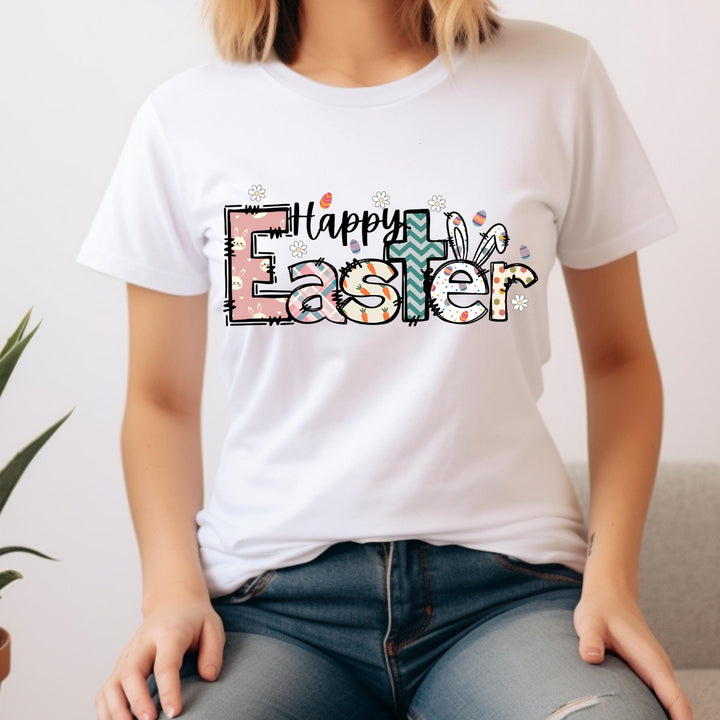 Ready-to-press DTF transfer featuring colorful, patterned "Happy Easter" text with bunny ears and eggs for spring apparel.

