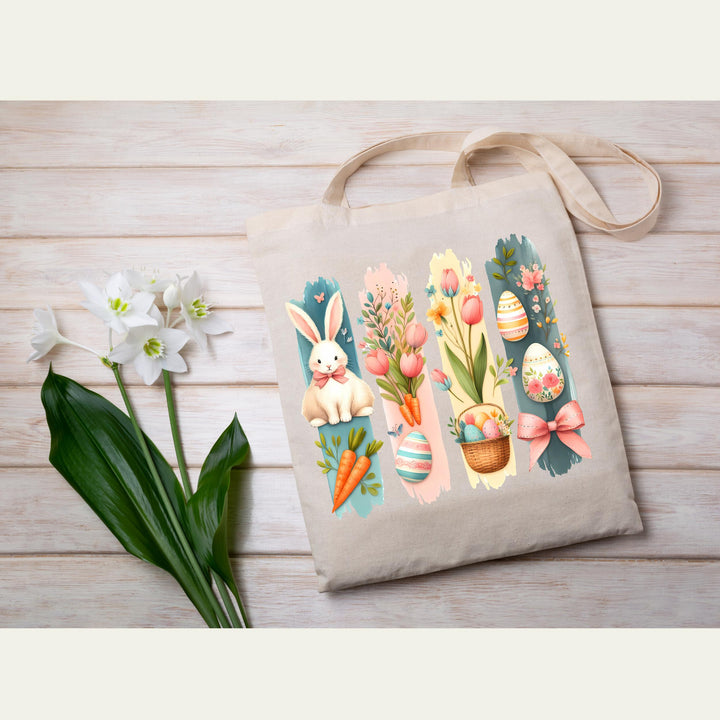 A soft watercolor-style transfer showcasing tulips, Easter eggs, a basket, and a pink bow.